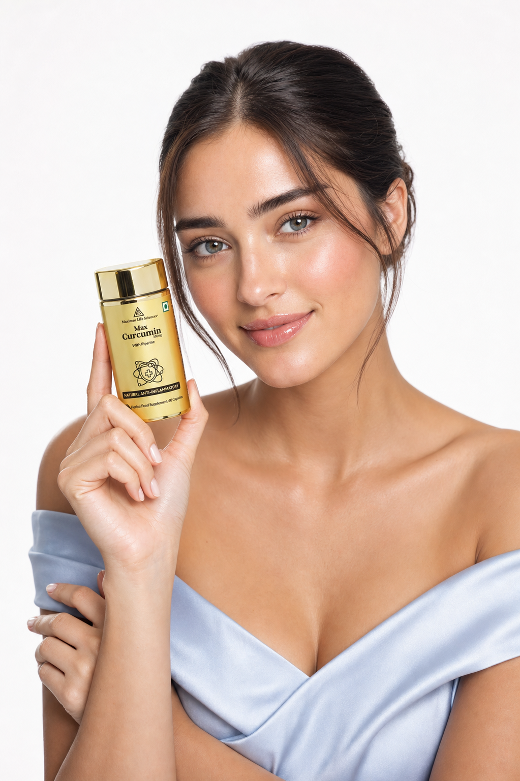 Model holding a Maximus Life Sciences supplement bottle